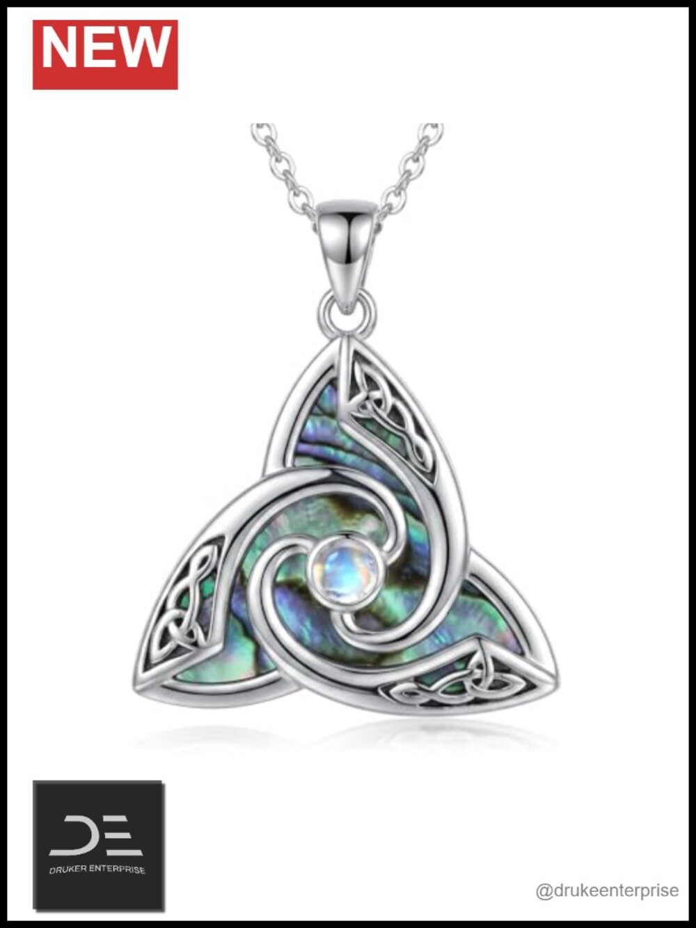 Celtic Trinity Knot Pendant Necklace 925 Sterling Silver Abalone Moonstone